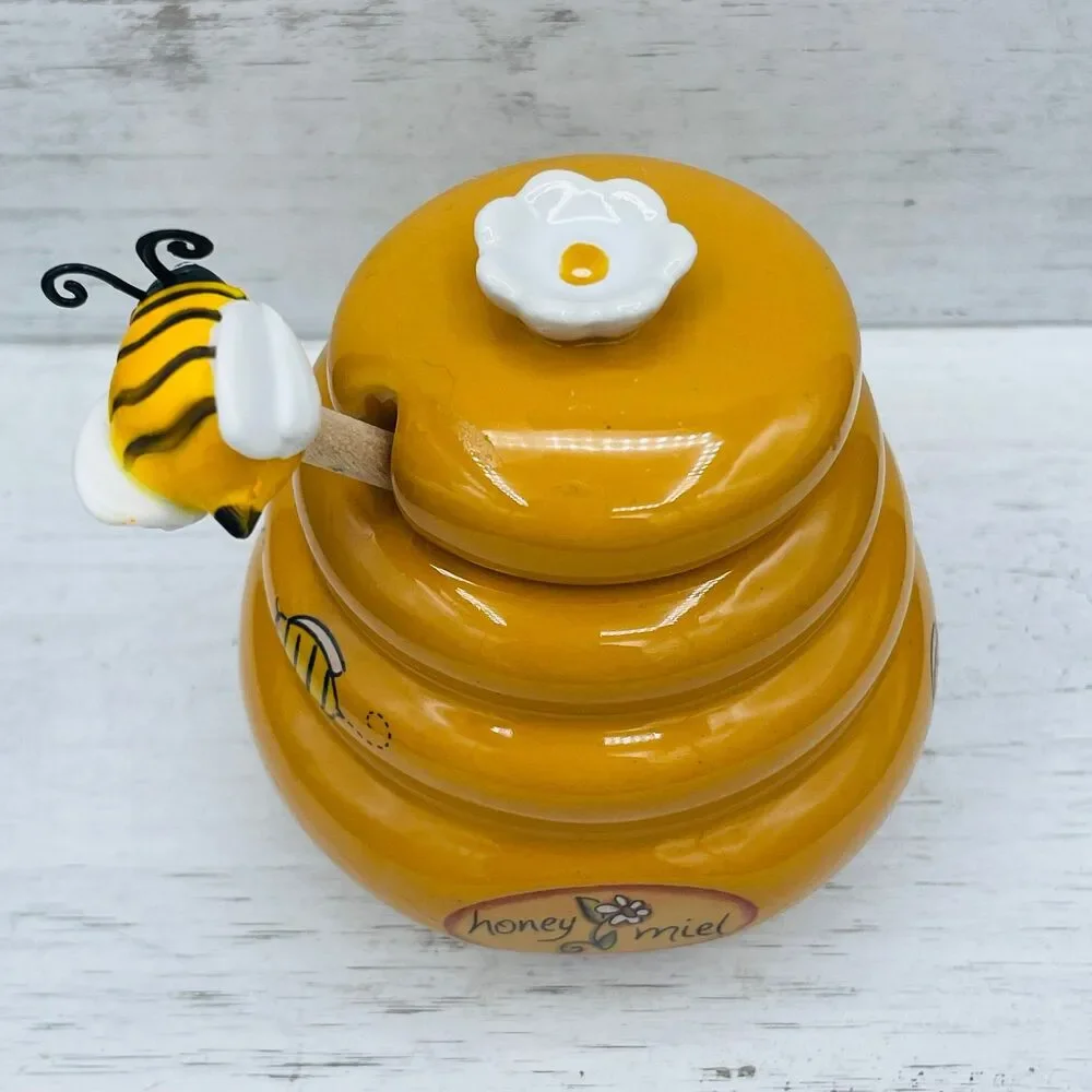 Vintage Ceramic Beehive Honey Pot Jar With Wooden Drizzler Dipper Server Set